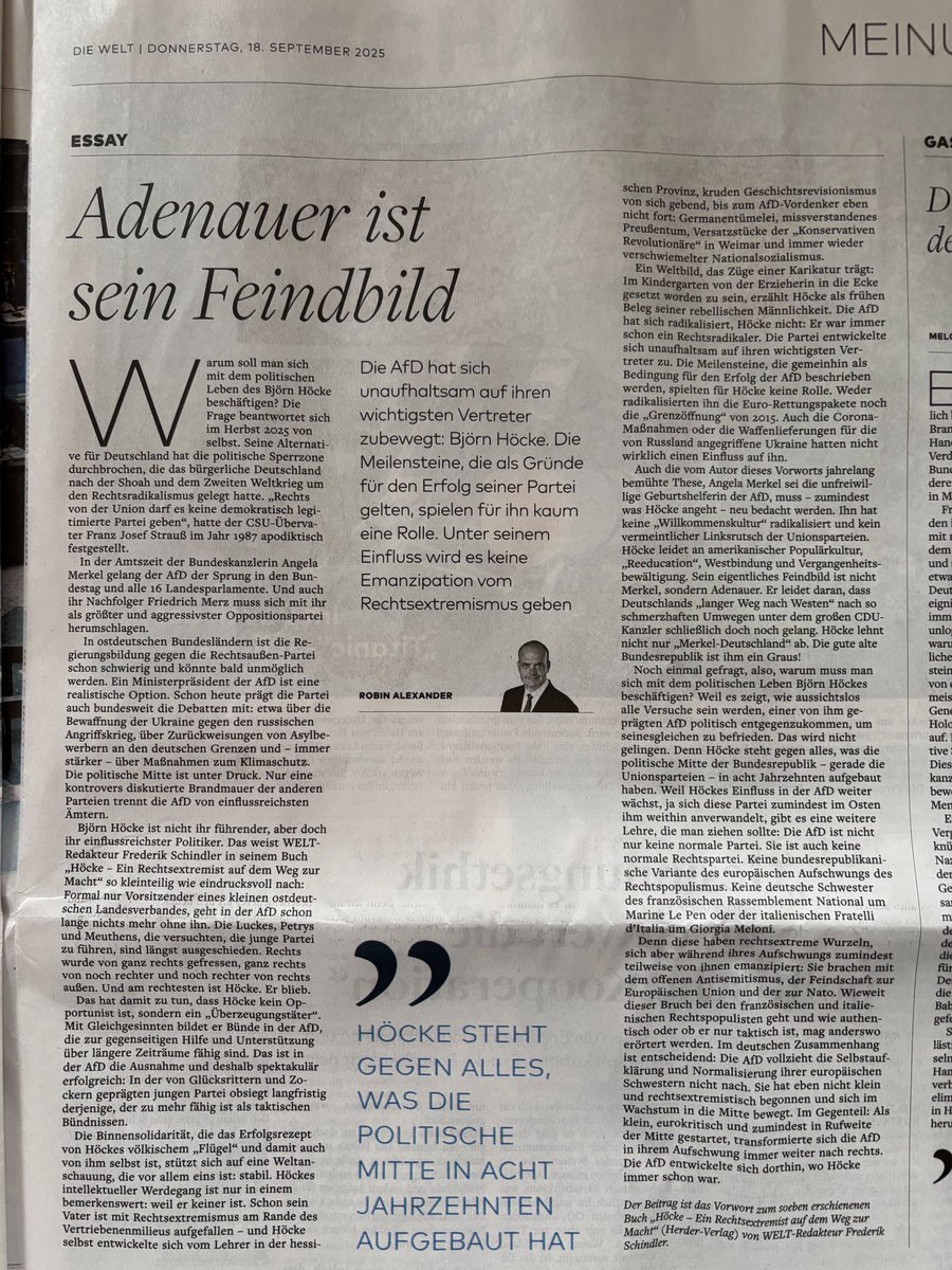 »Björn Höcke steht gegen alles, was die politische Mitte der Bundesrepublik – gerade die Unionsparteien – in acht Jahrzehnten aufgebaut haben«, schreibt <a href="/robinalexander_/">Robin Alexander</a> in seinem Vorwort zu meinem Buch »Höcke« (VÖ 15.9.). Sein Text ist nun auch in der <a href="/welt/">WELT</a> erschienen.