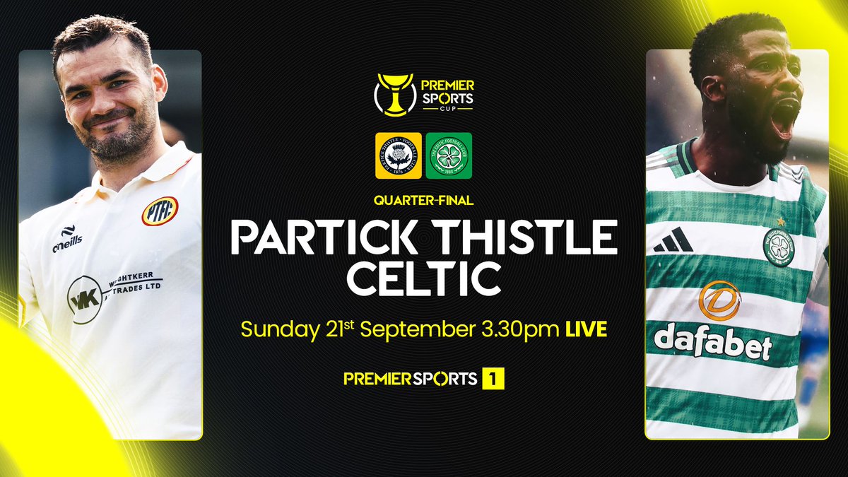 🏆Premier Sports Cup 1/4 Final - LIVE Sunday!🏴󠁧󠁢󠁳󠁣󠁴󠁿

🟠🔴<a href="/PartickThistle/">Partick Thistle FC</a> 🆚<a href="/CelticFC/">Celtic Football Club</a> ☘️
⏱️3:30pm
📺Premier Sports 1

🍺Sign up your venue
☎️0871 2228484
📨commercial@premiersports.com
