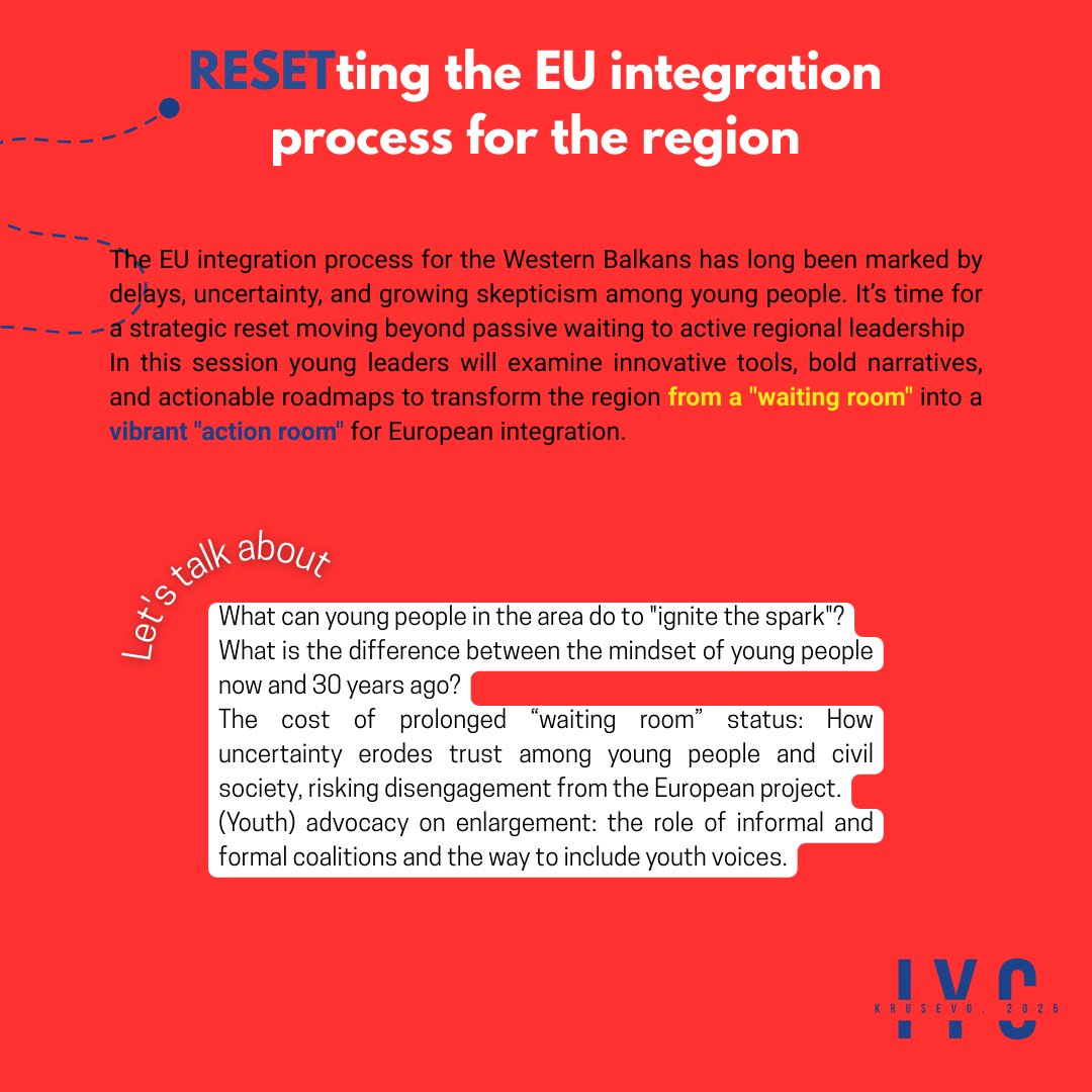 🌍✨ The EU integration process needs a RESET – and youth are ready to lead the change!

Join us LIVE from Kruševo at #IYC2025 as young voices, experts, and changemakers challenge the “waiting room” status and spark bold ideas for Southeast Europe’s future. 🚀