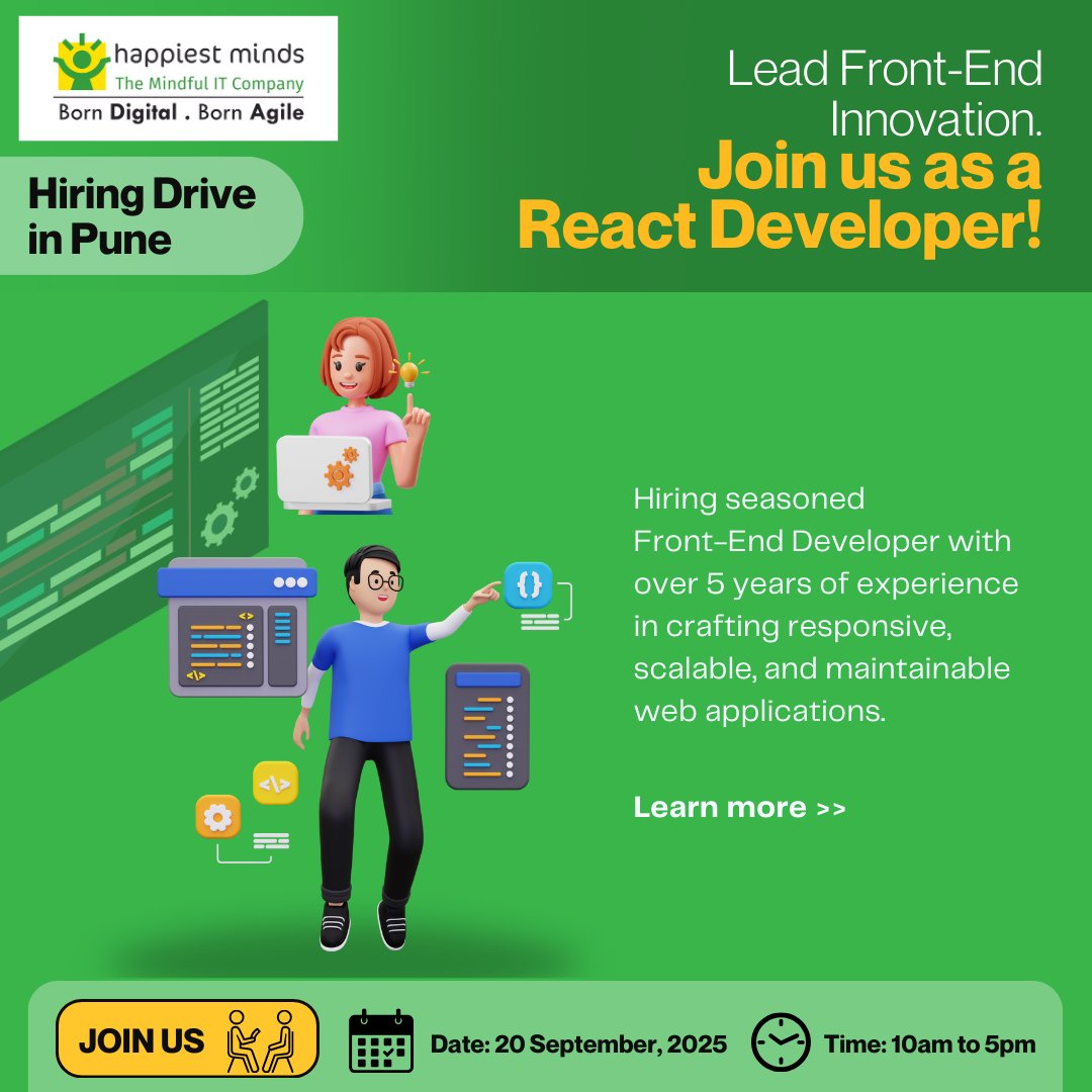 HappiestMinds's tweet image. We are expanding and you could be part of it!
#HappiestMindsPune is hiring React Developers.
Get ready to work on impactful projects and collaborate with passionate minds. Your next big move starts here!
#Hiring #ReactDeveloper #TechJobs #WeekendDrive #CareerOpportunity