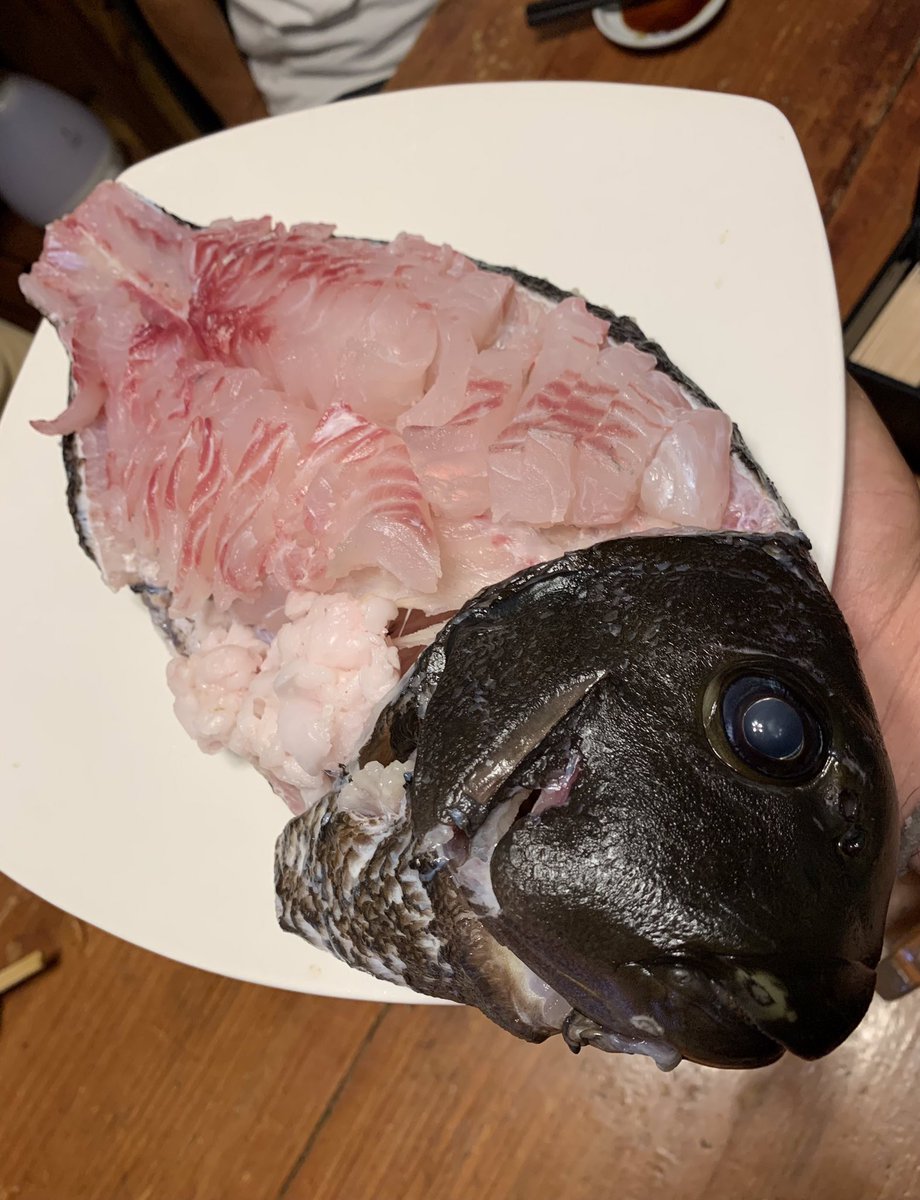 突いた大型のオキナメジナの姿造り内臓脂肪添え。甘みと歯触りが素晴らしいです。