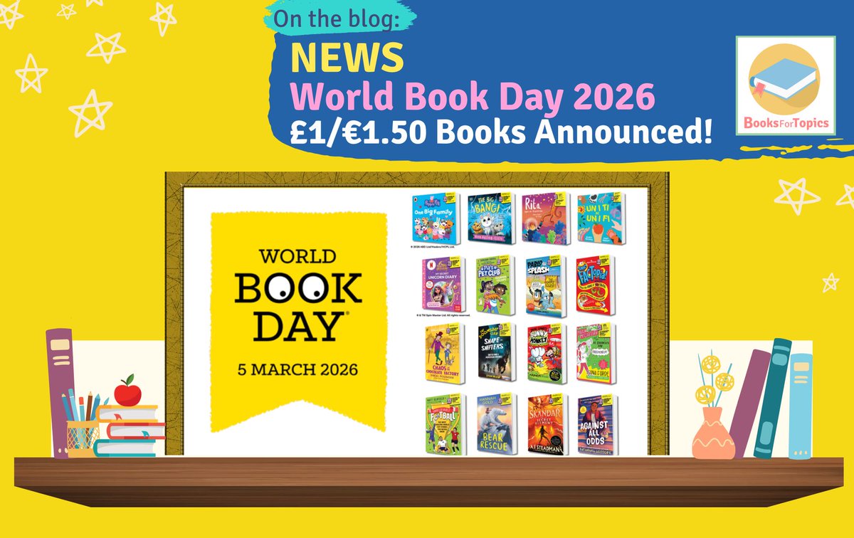 ICYMI: New #WorldBookDay 2026 books revealed!
➡️➡️booksfortopics.com/world-book-day…

 🥳This week, sixteen new books have been announced for World Book Day, which will be celebrated on Thursday, 5th March 2026. Find out about the new <a href="/WorldBookDayUK/">World Book Day UK 📚</a> books on our blog.
