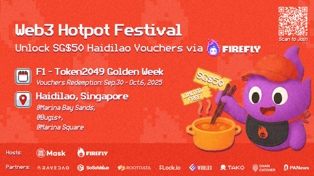 masknetwork's tweet image. Have you heard about the Web3 Hotpot Festival yet? 🍲⚡️ 

Complete @thefireflyapp quests to unlock Haidilao vouchers worth SG$50, plus get exclusive seat booking and extra discounted dishes (from 30 Sept - 06 Oct 2025).

Don’t walk, run! 👉 firefly.social/event/haidilao 

And don’t…