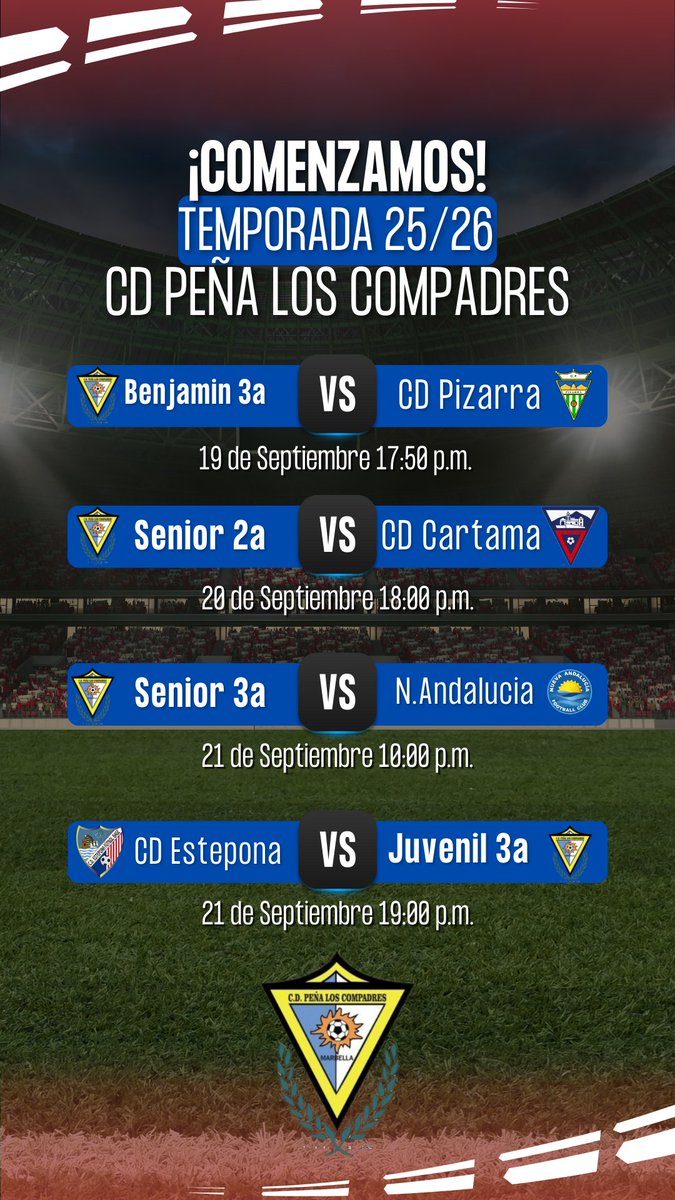 Arranca la Temporada 2024/2025!

Suerte a todos nuestros Equipos, a disfrutar!

Es responsabilidad de todos nosotros respetar las normas de seguridad.

Vamos compadres 🔵

#MarcaMarbella 
#MarcaMarbellaJunior