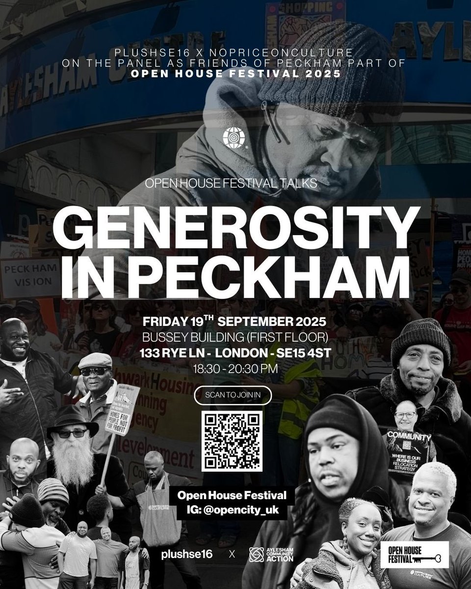📣 Join us this Friday as part of @opencity_uk with @acapeckham 
in a panel of speakers about the “Generosity in Peckham” ✊🏾💬
📍 Bussey Building (1st floor)
133 Rye Ln, London SE15 4ST
📅 Friday 19 Sept 18:30 - 20:30
👉 programme.openhouse.org.uk/listings/12597

#nopriceonculture