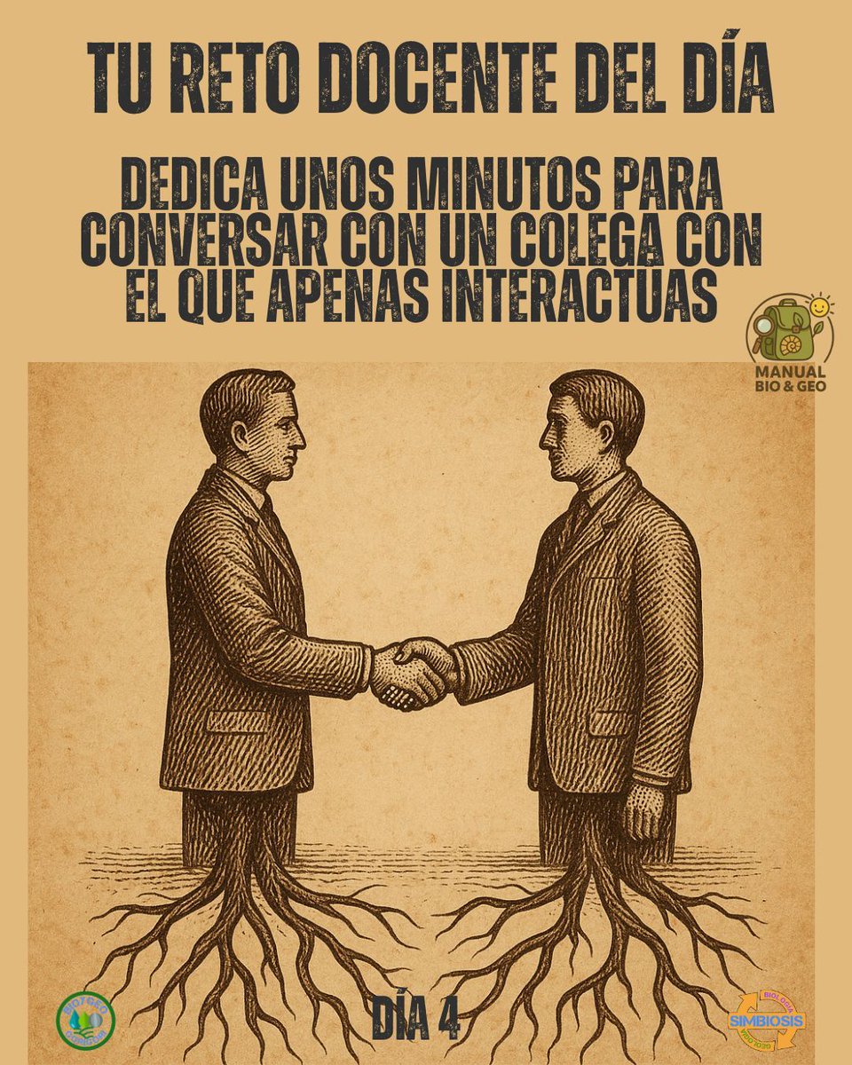 Día 4 – Conoce a un compañero
🤝 Comparte un café o una idea con alguien del claustro con quien apenas hablas. Las redes docentes son como micelios: invisibles, pero sostienen todo. proyectosimbiosis.colectivocrecet.com/blog/el-manual… 
#profesbiogeo #blogsimbiosis #manualbioygeo