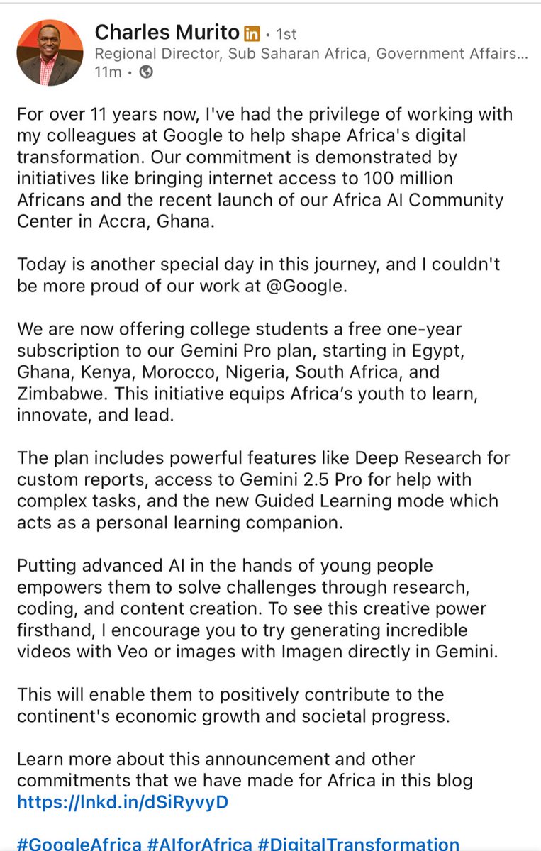 wayne_gakuo's tweet image. This is huge for university/college students: a FREE one-year subscription to Gemini Pro plan in Kenya, Egypt, Ghana, Morocco, South Africa & Zimbabwe. Link in the comments to learn more.