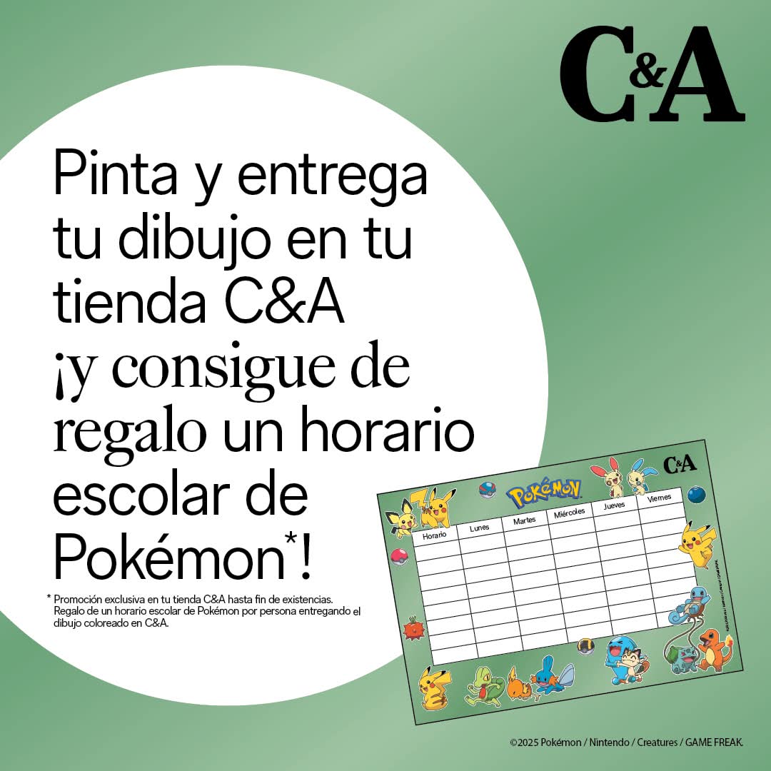 🖍️ ¡Diversión y sorpresas en nuestro Club Infantil!
👉 Este viernes 19 y sábado 20, todos los peques recibirán un dibujo para colorear de #Pokémon.
🎁 Al llevarlo a C&amp;A #ParqueAlmenara, conseguirán de regalo un horario escolar de #Pokémon.

Válida hasta agotar existencias.