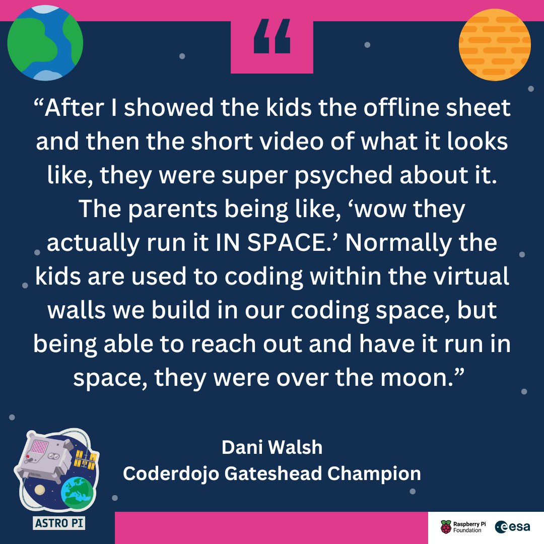 Astro_Pi's tweet image. The European Astro Pi Challenge transforms what might be just a programming exercise into a space mission. Young people are motivated by having the chance to send their code to space 🌌

Access mentor resources and register here 👉 astro-pi.org

@ESA__Education