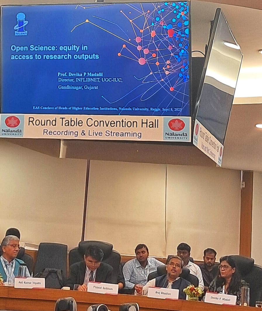 INFLIBNET's tweet image. Prof. @DevikaInflibnet, Director, @INFLIBNET , presented on "Open Science: equity in access to research outputs" at Nalanda University, Rajgir, Bihar, on 18th September 2025, during the EAS Conclave of Heads of Higher Education Institutions.