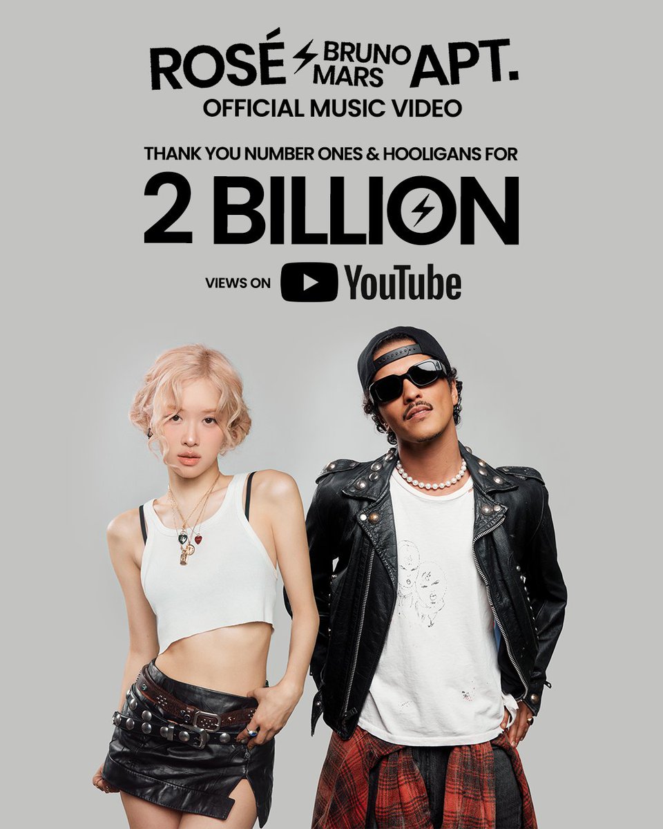 2 Billion views on the APT. music video! thank you number ones!

∙ rosesarerosie.lnk.to/APT-MV ∙

<a href="/numberoneHQ/">numberoneHQ</a>
#ROSÉ #로제 #BrunoMars #브루노마스 #APT
#ROSÉ_BRUNO_APT
#THEBLACKLABEL #더블랙레이블