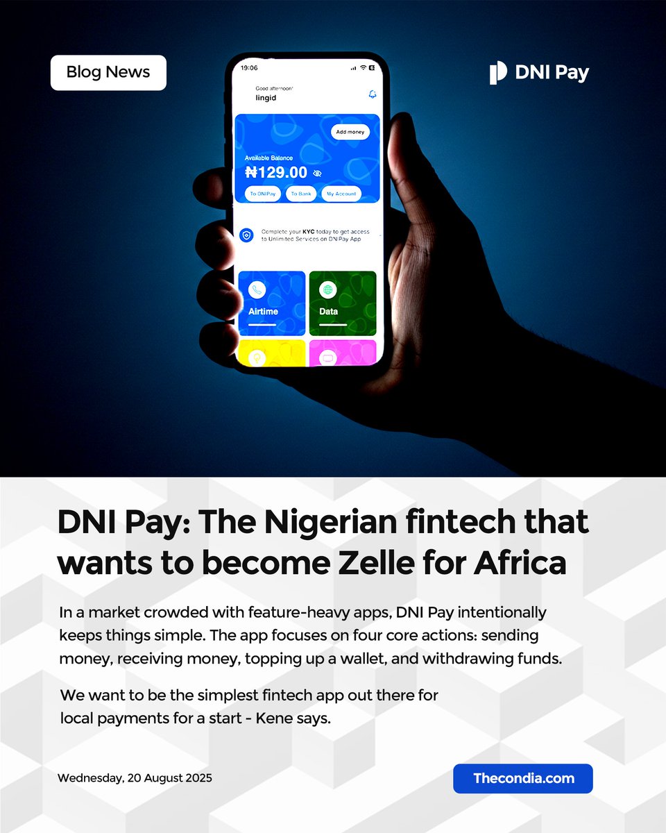 Africa deserves its own version of Zelle. 
That’s what we’re building at DNI Pay, one deliberate step at a time.

Read our feature on @TheCondia to see how we’re reshaping fintech 
thecondia.com/dni-pay-the-ze…