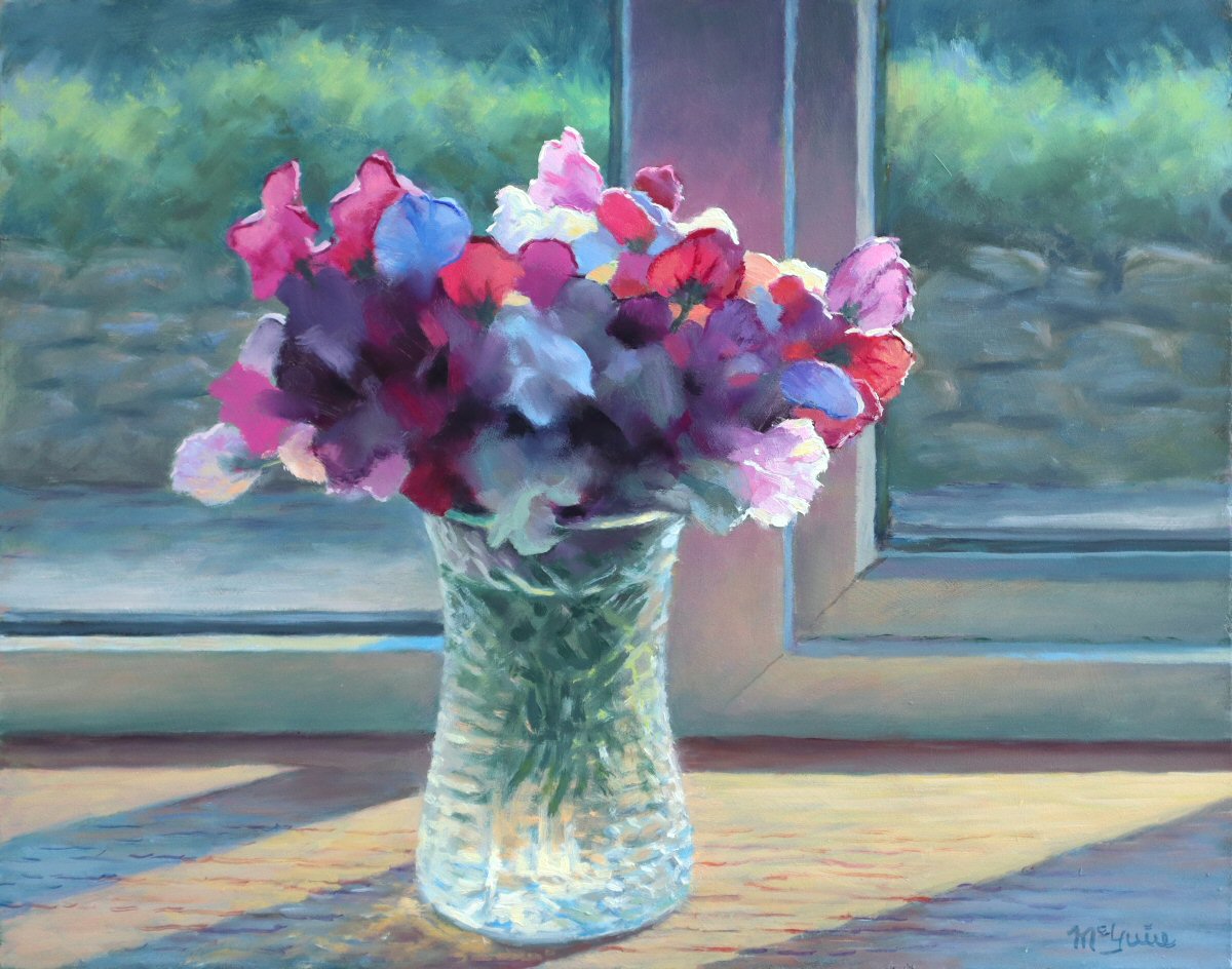 It's been a while since I posted a painting here. So, a new one just off the ease. Sweet pea can be challenging to paint, especially when backlit as in this case. The painting challenge is capturing realistic translucence - not easy. Crystal vases aren't easy either!