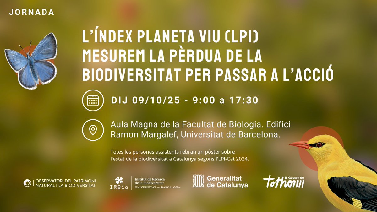 Guardeu-vos la data!
🗓️Dijous 9 d'octubre celebrem una jornada sobre l'LPI. Parlarem de quines dades tenim per mesurar els canvis en la #biodiversitat i com s’utilitzen a Catalunya.
📍Facultat de Biologia, UB
Programa: tuit.cat/izc6U
Inscriu-te: tuit.cat/yWhKe