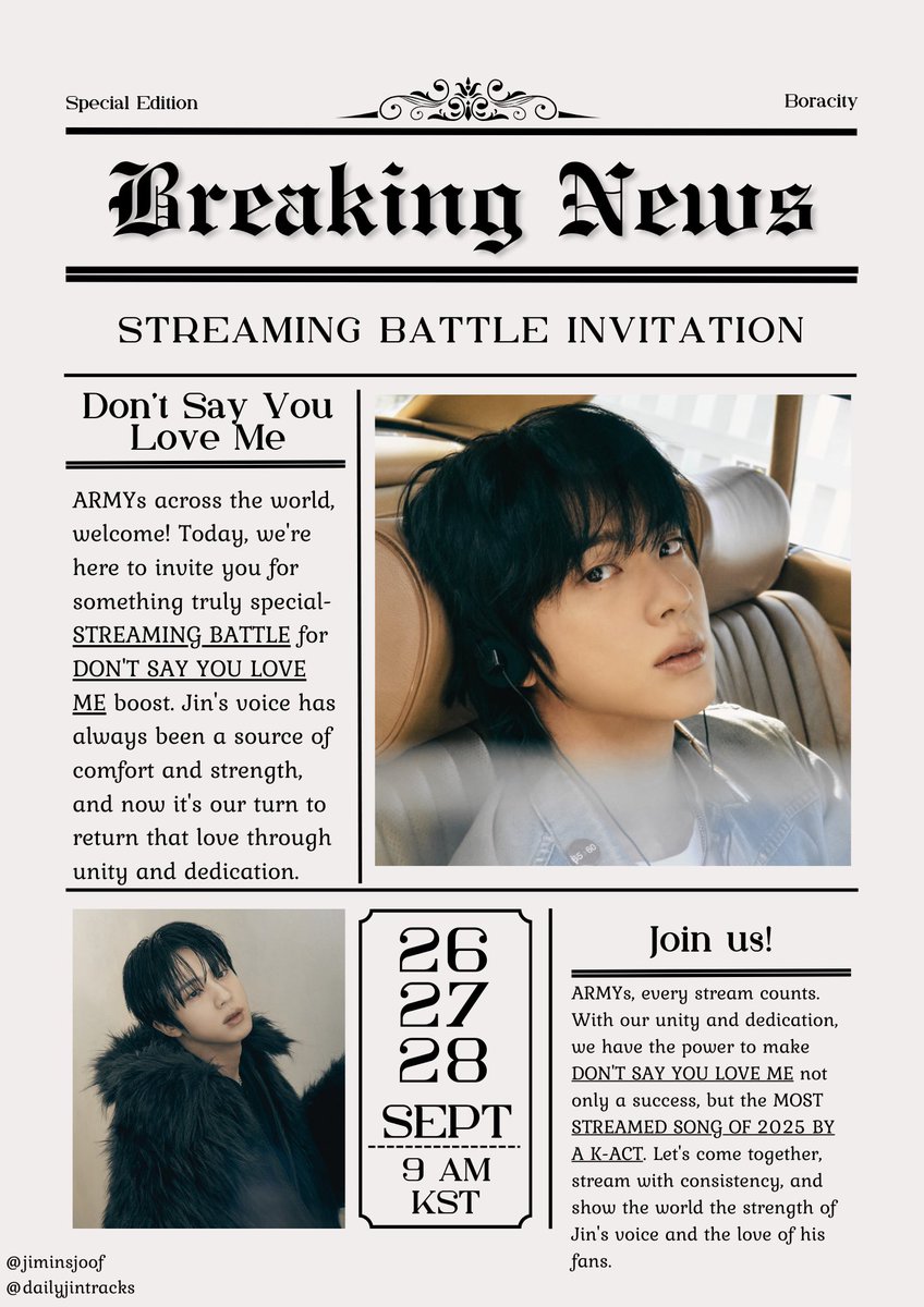 jindailytracks's tweet photo. ๐จ SPOTIFY STREAMING BATTLE. ๐จ
๐ 26 โข 27 โข 28 SEPTEMBER
๐ถ Donโt Say You Love Me ๐โจ
๐ซ 4 TEAMS โข 1 GOAL ๐ซ
๐น Team Epiphany ๐ธ
๐ Team Awake ๐ญ
โญ Team Tonight ๐
๐ Team Abyss ๐ซ
Join us to make DSYLM the most streamed 2025 song by a K-Act!
#Jin #DSYLM #StreamingBattle https://t.co/ovCs0c2pTF