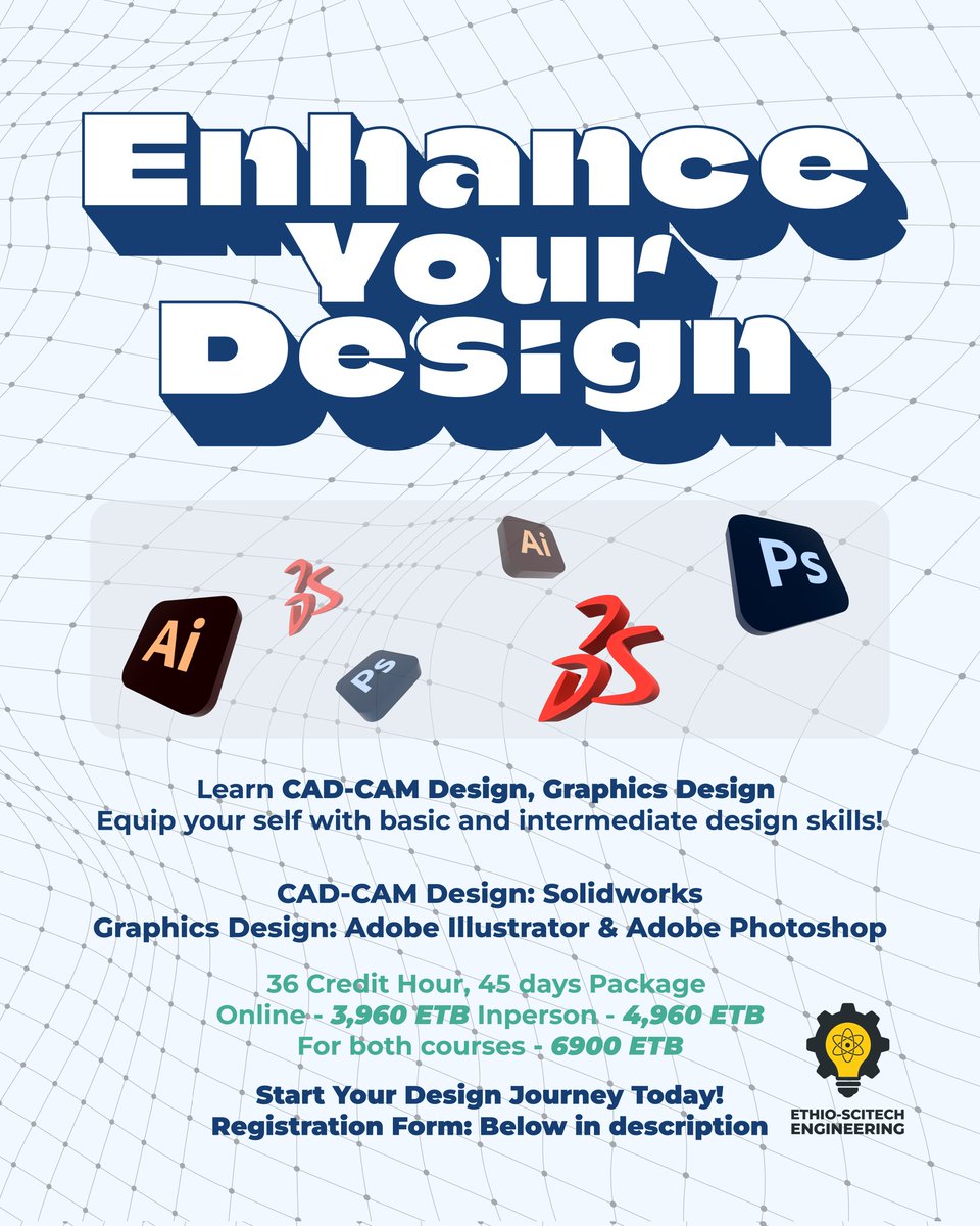 geremachew's tweet image. 3ኛው ዙር። #Solidwork &amp;amp; #Adobe_photoshop

Enhance Your Design Skill.
የ 21ኛውን ክ/ዘመን  ተፈላጊውን ክህሎት ያዳብሩ። እንድሁም በሙያው ብቁ መሆኖትን የሚያረጋግጥ ሰርተፍኬት ይያዙ።
Register Here።  
👇👇??👇
lnkd.in/d7MsiKgY