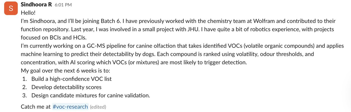 <a href="/PrathameshD_8/">Prathamesh Devadiga</a> 2/ Sindhoora (<a href="/r_sindhoora/">Sindhoora Raja</a>) just graduated from high school but already has a background in neuroscience!

During the next 6 weeks, she’s a scent-prediction system to detect smells that dogs can detect from VOCs (volatile organic compounds) in our breath.