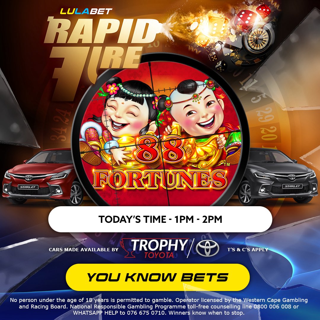 🔥 RAPID FIRE TODAY 🔥

⛩️ 88 Fortunes
⏱ 1pm - 2pm

Bet on 88 Fortunes during Rapid Fire to DBL your points. Stand to WIN 1 of 2 Toyota Starlets from Trophy Toyota and a share of R2 million in prizes! 🎰

Learn more 👉 bit.ly/LulaBetRapidFi…

📅 18/09
🔞 18+ Only

#LulaBet