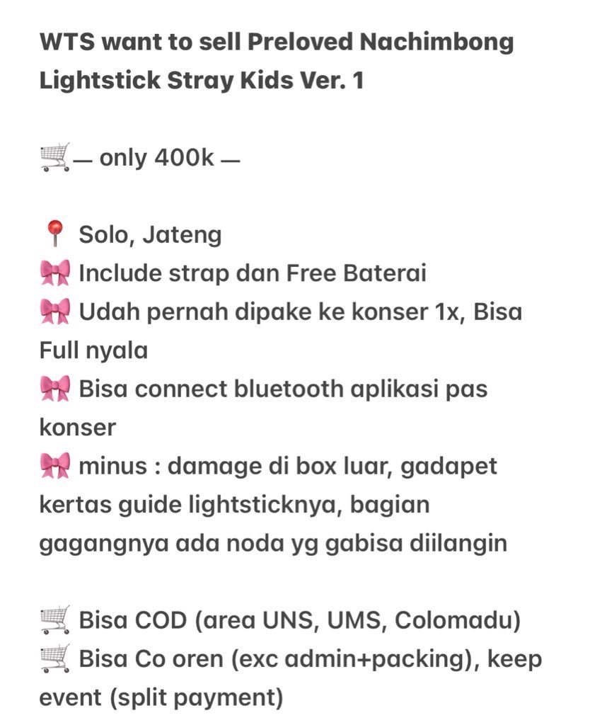 hanjiahh's tweet photo. WTS want to sell Preloved Nachimbong Lightstick Stray Kids Ver. 1

🛒ㅡ only 400k ㅡ

📍 Solo, Jateng
🎀 Include strap, Free Baterai
🎀 Udah pernah dipake ke konser 1x
🎀 Bisa connect bluetooth aplikasi pas konser

🛒 Bisa Co oren (exc admin+packing), keep event

INA ONLY #wts https://t.co/bV1POFa5aJ