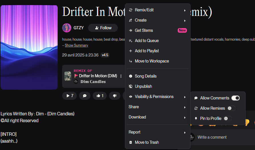 dimcandlesmusic's tweet photo. @helenaccaldwell @kmfreyberg @MikeyShulman @fut_ure @jackdbrody  What does that mean ? I didnt allow that song to be remixed ? How this is possible ?

Shadowbanning me since months wasn't enough ? 
Now you allow people remixing my stuff even if not open for remix @SunoMusic 

I need explanations...
