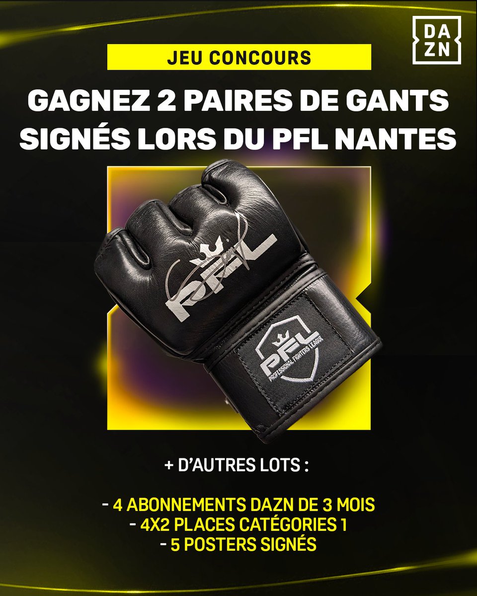 DAZN_FR's tweet image. 🚨 | Jeu concours ! À l’occasion du PFL Nantes, jouez et tentez de remporter plusieurs lots. 🎁

Pour participer : 
👉 like et RT cette publication
👉 abonne toi à @dazn_fr
👉 inscris toi gratuitement sur le lien suivant : fr.daznplay.com/PFLNantesConte…?