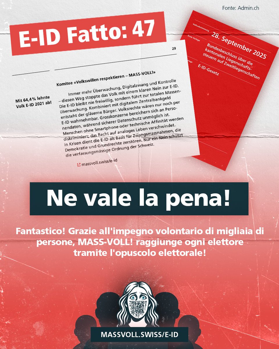 mass_voll's tweet photo. 🤝🏻 VITTORIA: più conosciuti, forti e di successo che mai! Grazie a te raggiungiamo milioni di svizzeri. Il tuo impegno è ripagato. Unisciti anche tu al movimento in continua crescita MASS-VOLL!

👉🏻 Registrati qui: https://t.co/DZ4pi9725p #eID #voto25 #eIDNO https://t.co/iSo0XdX6vq