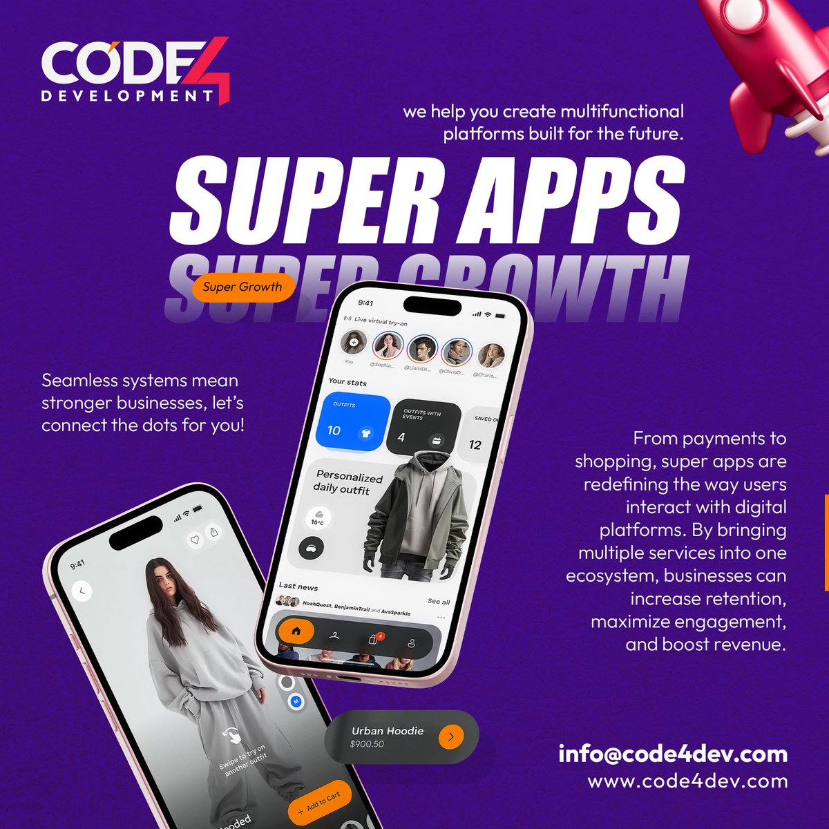 Code4DevX's tweet image. From payments to shopping, super apps are changing how we live online. One ecosystem = higher retention, engagement & revenue.
At Code4Dev, we build future-ready multifunctional platforms. Seamless systems = stronger businesses.
Let’s connect the dots!
#digitalinnovation