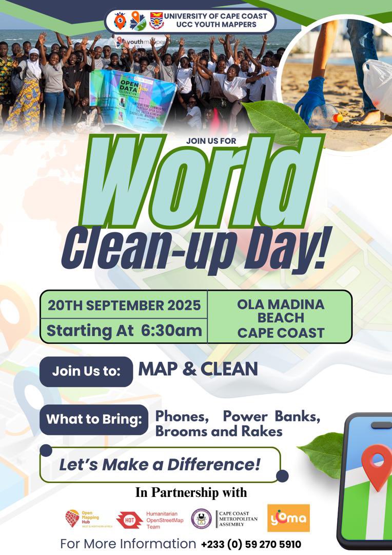 YouthmappersUCC's tweet image. 📍🌍📍🪐📍☘️📍🪐
DON’T BE LEFT OUT C’OS IT’S WORLD CLEAN UP……!🫵🏾💹
Join us on 20th September 2025 at Ola Madina Beach.
Together, we can create a cleaner, greener community.☘️
#_MapAndClean_
#_WorldCleanupDay_ ☘️
||_@UCCYouthMappers_||
#WeDontJustBuildMapsWeBuildMappers❤️🗺️