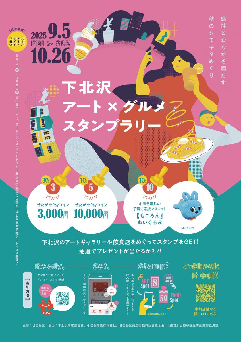 下北沢アート×グルメスタンプラリー】 下北沢の飲食店・アートギャラリーをめぐるスタンプラリー開催中！抽選で、せたがやPayコイン 最大10,000円分、小田急電鉄の子育て応援マスコット「もころん」ぬいぐるみをプレゼント！ せたがやPayアプリからご参加ください ...