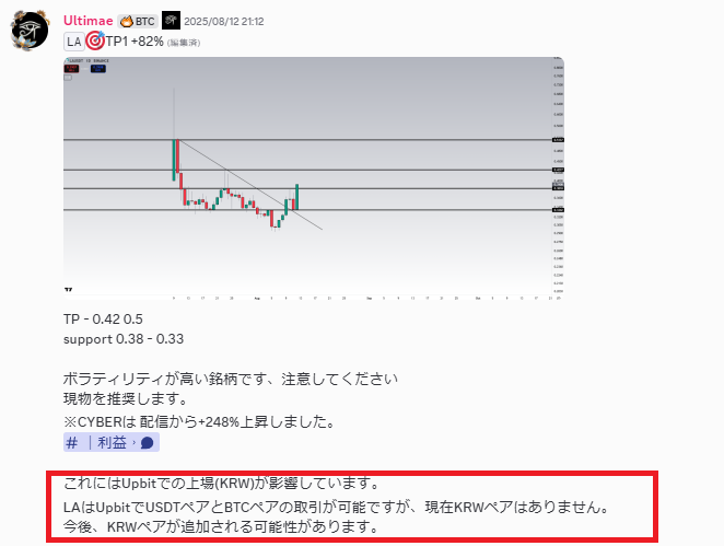 Ultimae_Crypto's tweet photo. $LA 

予想通りにUpbitに上場し
配信から+82%上昇しました

次にUpbitに上場する可能性の高い銘柄を知っているので、後ほど改めて配信します。

引用元をどうぞ。