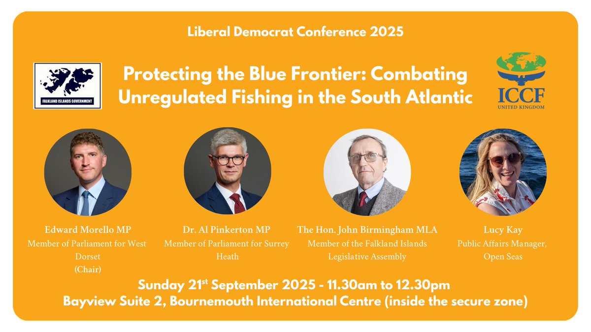 A reminder that we will be holding a fringe meeting at <a href="/LibDemConf/">Lib Dem Conference 🔶</a> in Bournemouth this weekend. 🟠

📅 21 September 11.30am 
📍 Bayview Suite 2, BIC

Alongside <a href="/ICCF_UK/">ICCF_UK</a>, we will be discussing the vitally important issue of unregulated fishing with a great panel of speakers! 🇫🇰