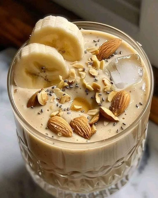 A glass filled with a creamy smoothie, topped with banana slices, chopped almonds, and chia seeds. Ice cubes are visible within the smoothie. The glass is placed on a marble surface near a window with natural light.