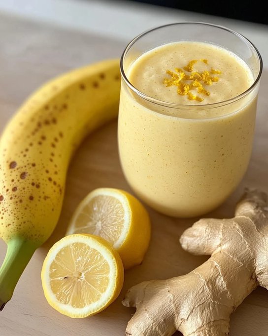 A glass of yellow smoothie with visible specks of zest on top, placed on a light wooden surface. A banana, two lemon slices, and a piece of ginger are positioned beside the glass.