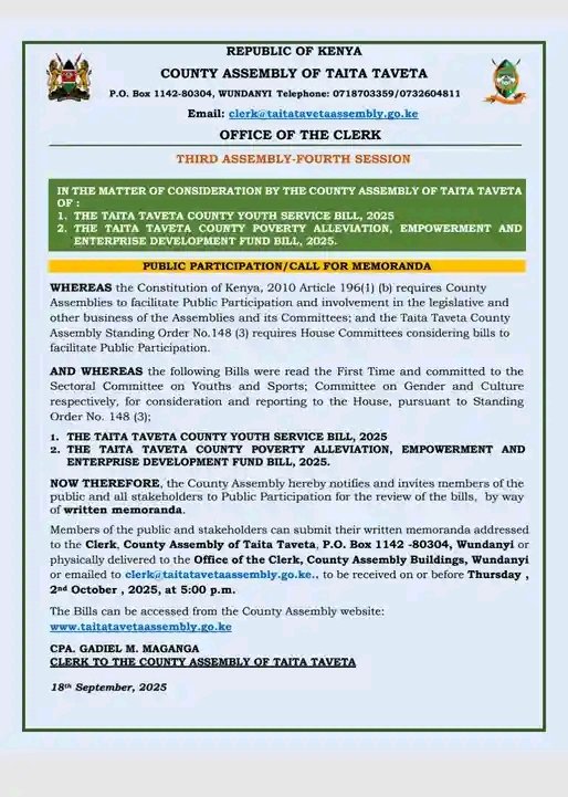 Taitatavetaassembly (@ttcassembly) on Twitter photo ππππ π
ππ πππππππππ
Members of the public are invited to send in memoranda on the above bills as attached below.
πππ ππππππ πππππππ,
πππππ ππ πππ ππππππ ππππππππ ππππ π
ππ πππππππππ
Members of the public are invited to send in memoranda on the above bills as attached below.
πππ ππππππ πππππππ,
πππππ ππ πππ ππππππ ππππππππ