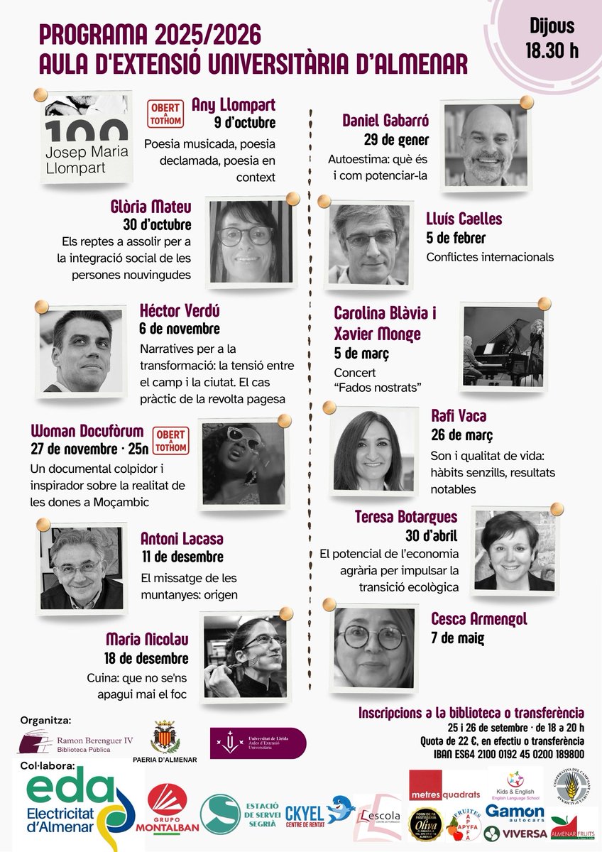 10 anys de l’Aula d’Extensió Universitària d’Almenar (2015-2025) 

Matricula oberta 𝐝𝐢𝐣𝐨𝐮𝐬 𝟐𝟓 𝐢 𝐝𝐢𝐯𝐞𝐧𝐝𝐫𝐞𝐬 𝟐𝟔 𝐝𝐞 𝐬𝐞𝐭𝐞𝐦𝐛𝐫𝐞
