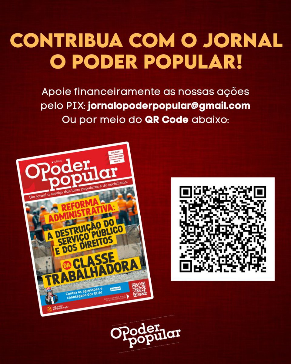 OPoderPopular's tweet image. 🚩🛠Fortaleça as ações de comunicação do Jornal O Poder Popular, contribuindo com qualquer quantia via 🗝 PIX: jornalopoderpopular@gmail.com

#PoderPopular #PCB103anos #Partidão #OPP #JornalOPoderPopular