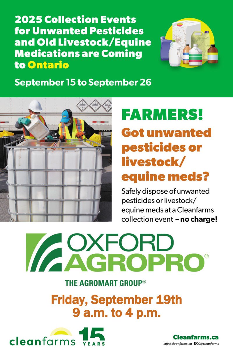 We’re hosting an Unwanted Pesticides and Livestock Medication collection event at <a href="/OxfordAgropro/">Oxford Agropro</a> tomorrow. 

cleanfarms.ca/materials/unwa…