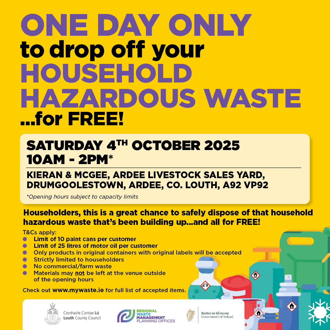 louthcoco's tweet photo. 🚨 FREE Hazardous Household Waste Collection Day for Louth Residents! 🚨

Is your shed overflowing with old paint cans? Got mystery chemicals hiding under the sink? We have teamed up with the Regional Waste Management Planning Offices to help YOU safely dispose of household hazardous waste — for FREE!

📅 Saturday, 4th October 2025
🕙 10:00 AM – 2:00 PM
📍 Kieran & McGee, Ardee Livestock Sales Yard, Drumgoolestown, Ardee, Co. Louth, A92 VP92

🔗For information and a full list of accepted items see https://t.co/wXLrN84DHk