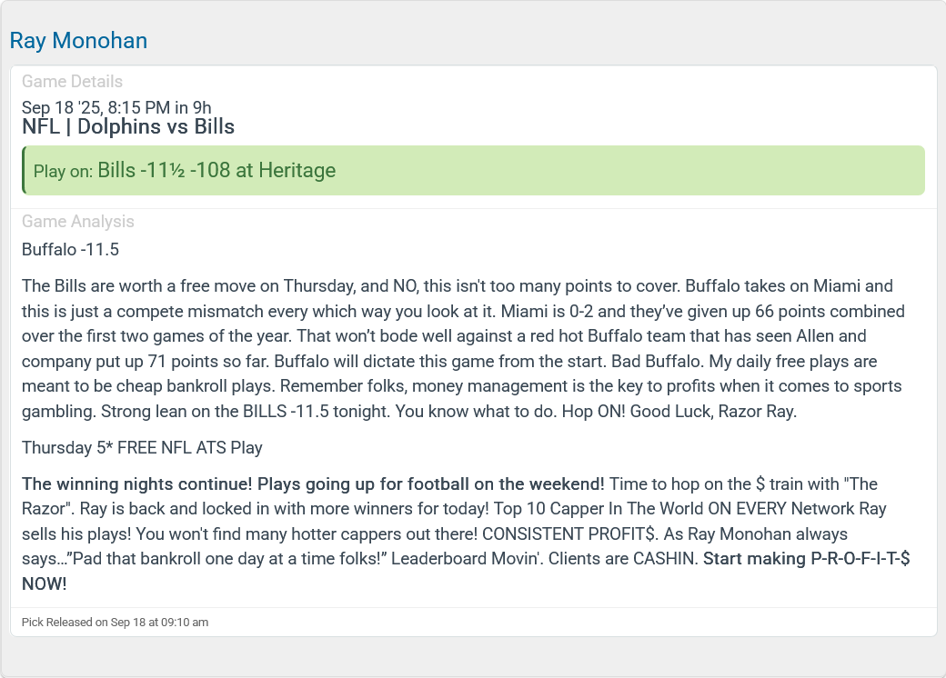 Capper Reviews (@capperreviews) on Twitter photo #NFL Week 3 #TNF Free play courtesy of (
<a href="/Cappers_Picks/">"Razor" Ray Monohan</a>)
#FinsUp vs #BillsMafia πππ Bills -11.5
Check out our FreePicks Page for the hottest Free Picks on the Internet: capperreviews.com/free-sports-piβ¦
#gamblingtwitter #NFLpicks #FreePicks #FREEPICK #FreeBet #NFLonCBS #NFL Week 3 #TNF Free play courtesy of (
<a href="/Cappers_Picks/">"Razor" Ray Monohan</a>)
#FinsUp vs #BillsMafia πππ Bills -11.5
Check out our FreePicks Page for the hottest Free Picks on the Internet: capperreviews.com/free-sports-piβ¦
#gamblingtwitter #NFLpicks #FreePicks #FREEPICK #FreeBet #NFLonCBS