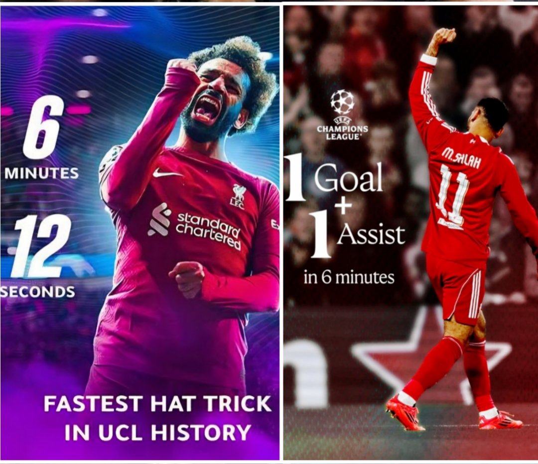 (fan) π.πππ (@fcsalah11) on Twitter photo *Mohamed Salah scored the fastest hattric in UEFA Champions League history in ππ’π± minutes.
*Mohamed Salah is the only player in UEFA Champions League history to score and assist in the opening of a match for an English club in ππ’π± minutes.
ππ’π¬ππ¨π«π² π¦ππ€ππ« π *Mohamed Salah scored the fastest hattric in UEFA Champions League history in ππ’π± minutes.
*Mohamed Salah is the only player in UEFA Champions League history to score and assist in the opening of a match for an English club in ππ’π± minutes.
ππ’π¬ππ¨π«π² π¦ππ€ππ« π