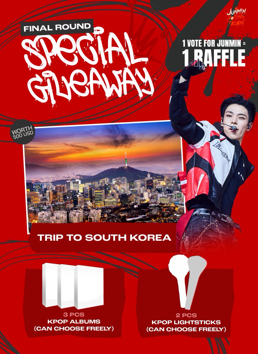 #JUNMINONEPICK SPECIAL GIVEAWAY

BOYS2PLANET GLOBAL GIVEAWAY PRIZES:

🎁 TRIP TO SOUTH KOREA
🎁 3 PCS - KPOP ALBUMS
🎁 2 PCS - KPOP LIGHTSTICKS

*the prize can also be cashed out

Rules to join:
- RT &amp; Like this post
- Vote for Kim Junmin everyday during Final Round Voting Period