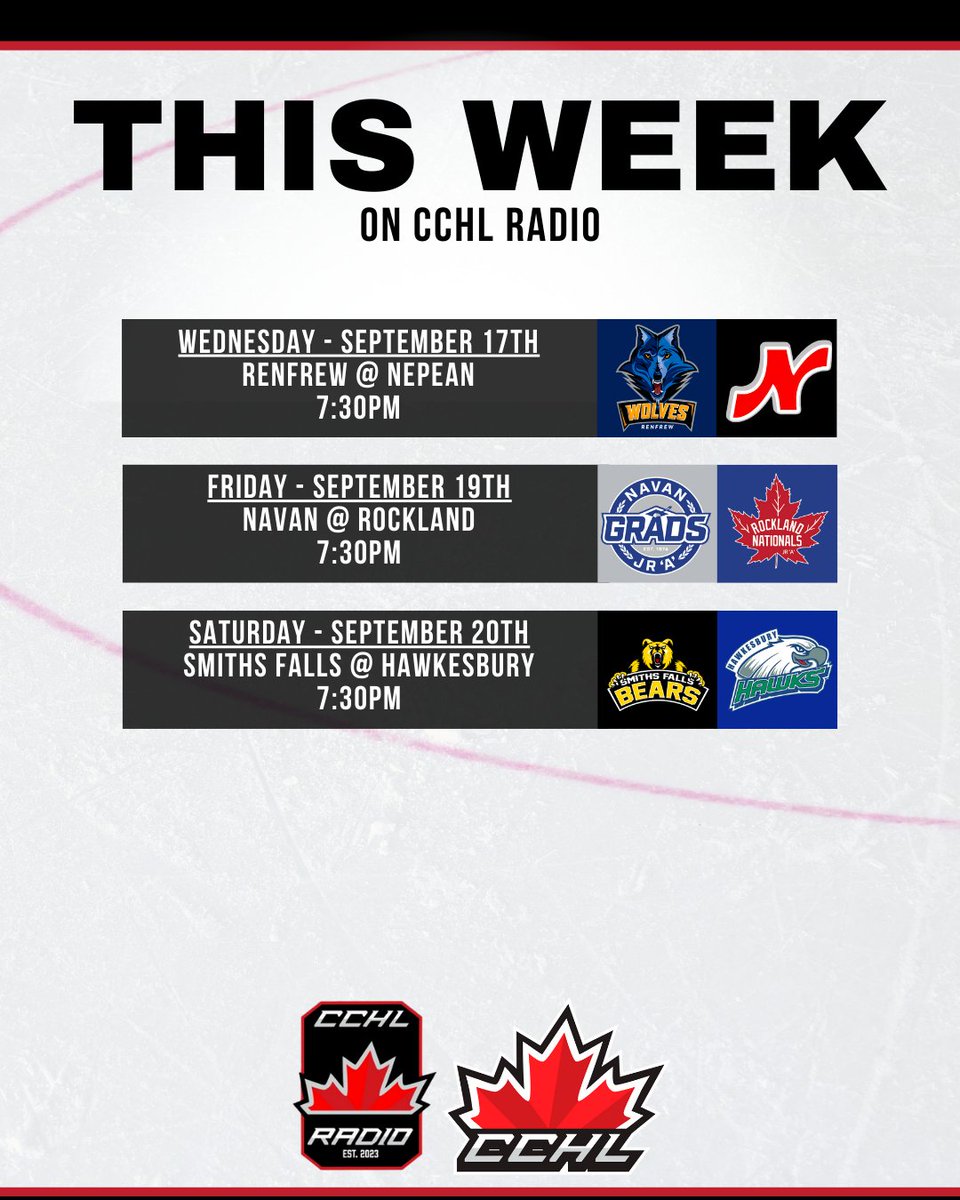 A quick update to our CCHL Radio broadcast schedule for the first week of the season!

Tune in TOMORROW as Jordan Hachey brings you the call from the reigning champions' home opener!

#ANewEra