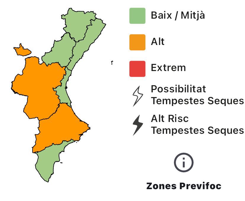 🔥El nivell de preemergència per risc d'incendis forestals per a demà 19/09 és:

🟢Baix-mitjà a tota la província de Castelló, litoral de València i sud d’Alacant.
🟠Alt a l’interior de València i nord d’Alacant.

⚠ Davant qualsevol indici,📲 telefona a l'112

#StopAlFoc