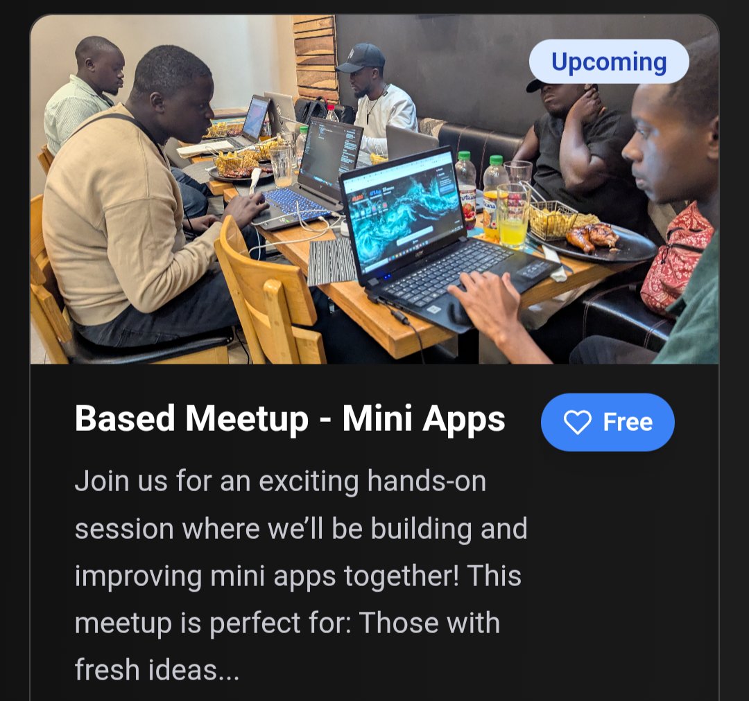Join us again this Saturday for our weekly <a href="/base/">Base</a>  Mini App Builders Meetup. Build new apps, enhance existing ones, and connect with fellow builders.

RSVP eventfi.site/events/7f6af4f…

<a href="/BasedSouthernAF/">Base - Southern Africa</a>  <a href="/Basedzambia/">Base Zambia</a>  <a href="/deriq_eth/">Derrick</a>  <a href="/Lady_Light_Lsk/">Liseli.base.eth</a>  <a href="/buildonbase/">Base Build</a>  <a href="/jessepollak/">jesse.base.eth</a>