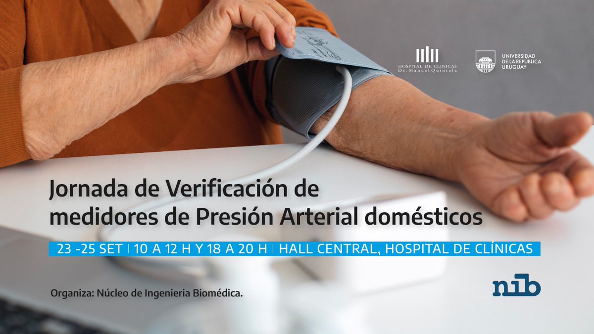Del 23 al 25 de setiembre se realizará una Jornada de verificación de medidores de Presión Arterial domésticos.

Horario:
10:00 a 12:00 
18:00 a 20:00

En el Hall Central del Hospital de Clínicas