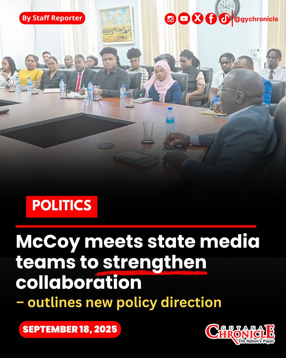 Guyana Chronicle (@gychronicle) on Twitter photo MINISTER within the Office of the Prime Minister, Kwame McCoy met with teams of the state media at the Office of the Prime Minister... 
READ FULL STORY HERE 📷 guyanachronicle.com/.../mccoy-meet…
#Guyana #News #GuyanaChronicle #Trending #GuyanaNews MINISTER within the Office of the Prime Minister, Kwame McCoy met with teams of the state media at the Office of the Prime Minister... 
READ FULL STORY HERE 📷 guyanachronicle.com/.../mccoy-meet…
#Guyana #News #GuyanaChronicle #Trending #GuyanaNews