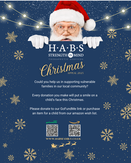 We're proud to support the HABS Christmas Appeal 2025!

They're working hard to bring smiles to vulnerable children and families in our local community this festive season.

You can help by donating via GoFundMe or purchasing a gift from their Amazon wish list.