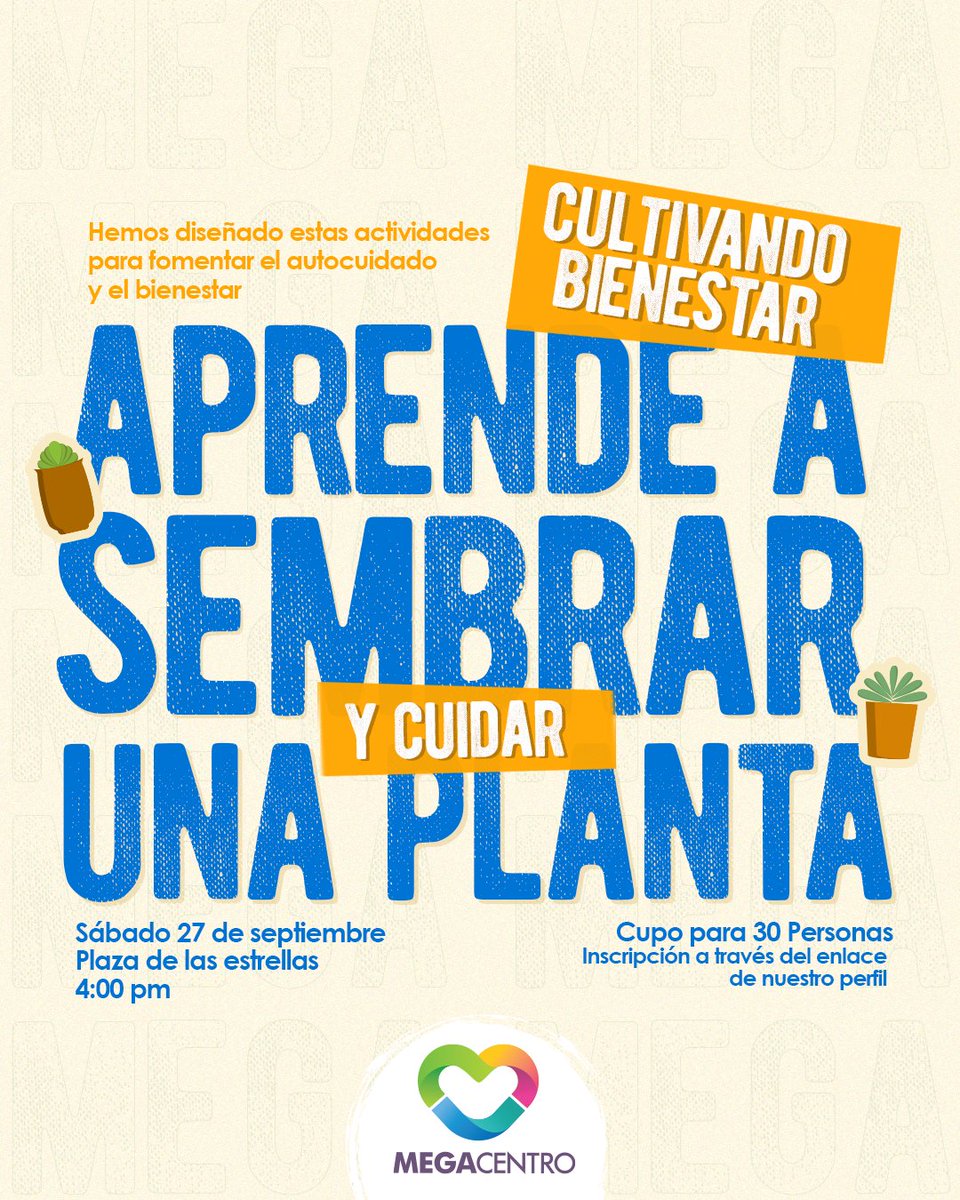Cuidar una planta es cuidarte a ti. 🌱

Aprende a sembrar y nutrir tu planta, y cultiva un poco de calma en tu vida.

Cupos limitados, inscripciones a través del enlace en nuestro perfil.

#Megacentro