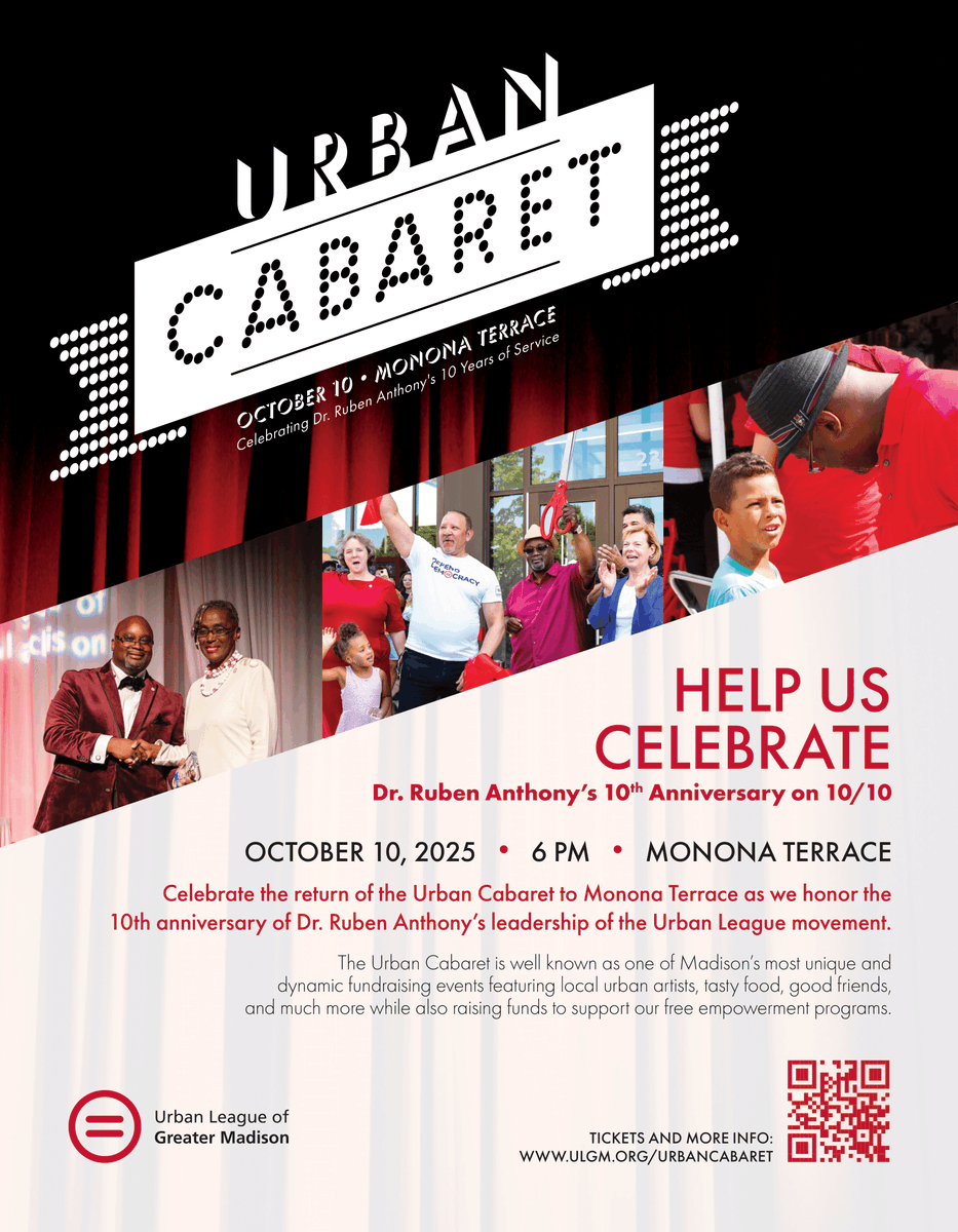 Ten years. One visionary leader. A stage where culture and community converge. 🎶 Join us Oct 10 at <a href="/MononaTerrace/">Monona Terrace</a> as we honor Dr. <a href="/rubenatonyjr/">Ruben L Anthony Jr</a> with a night Madison will never forget.

🎟️Get your tickets: urbancabaret.org

#UrbanCabaret2025 #RubenAnthony10