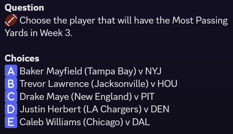 PineSports_AI's tweet photo. 🏆 Props Battle is LIVE

Week 3 Question for a $50 Prize: Which player will lead in Passing Yards? 

Think you can predict the winner? Cast your vote in the Pine Sports Discord! 

✅ $50 cash prize each week. Link in bio! https://t.co/k9W66NvZsN